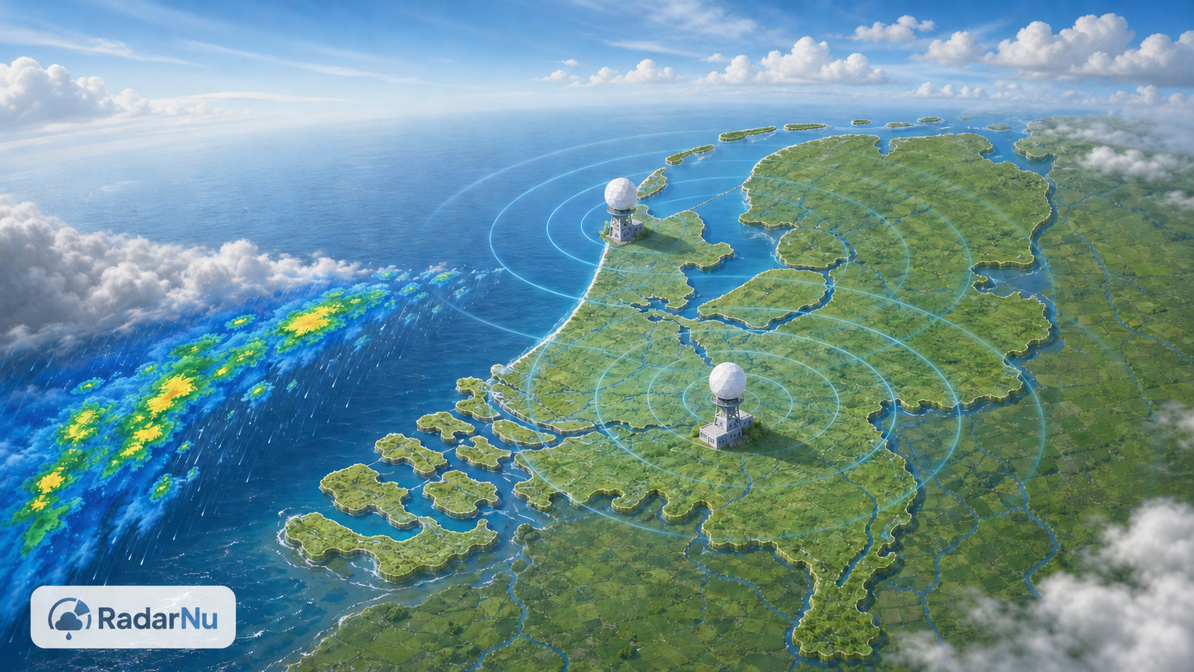 Schematische RadarNu-illustratie van twee weerradars die Nederland en de Noordzee scannen