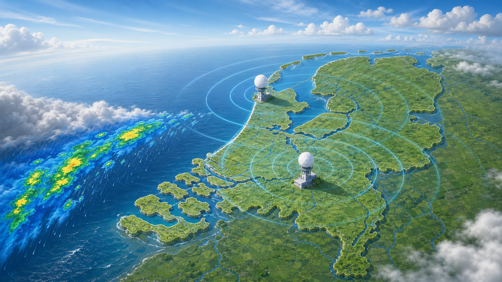 Schematische RadarNu-illustratie van twee neerslagradars boven Nederland
