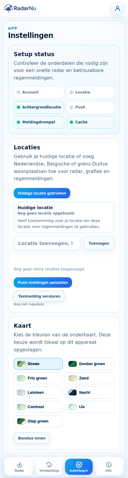RadarNu-instellingen met locatie en pushmeldingen